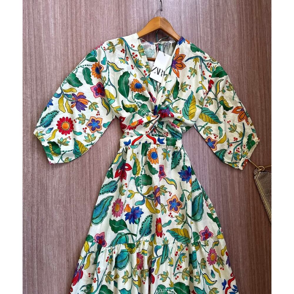 Zara Floral Linen Blend Boho Maxi Dress Cut Out Resort Vacation Size S NWT - Picture 16 of 16